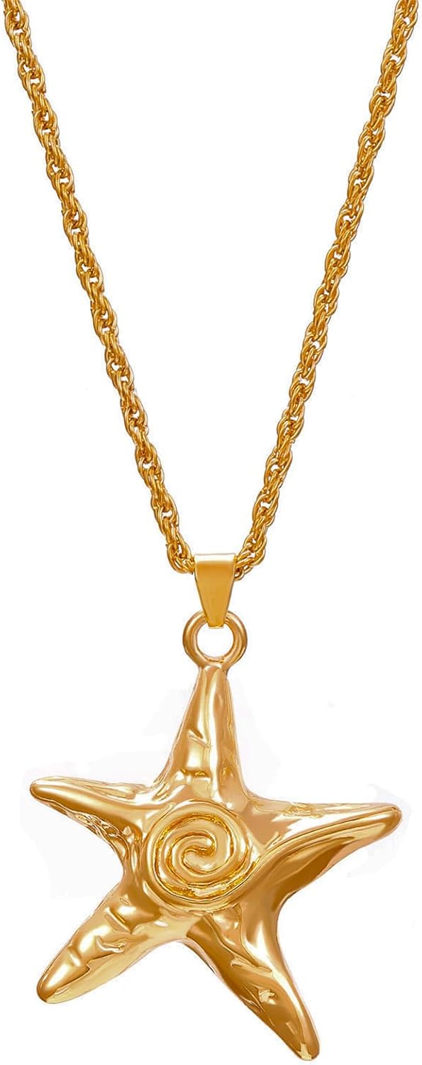 Women's Dainty Starfish Necklace Stainless Steel Swirl Pendant Beach Ocean Jewelry Gold Silver Trendy Charm Necklace for Summer