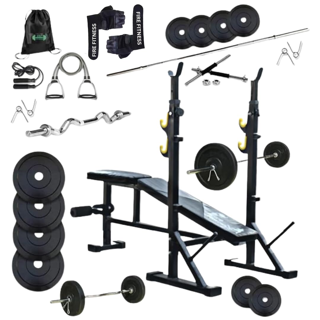 FIRE FITNESS gym set combo with 5in1- gym bech (30kg rubber weights set combo) with adjustable incline decline and flat multifunctional exercisse gym bench weight (capacity 120kg)-image-44