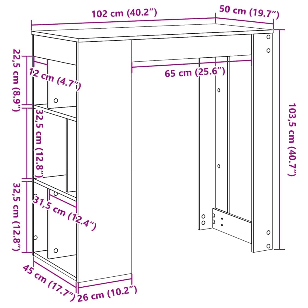 Stehtisch Mit Regal 102x50 cm, Holzwerkstoff Sonoma Grau | 6 Fächer, Pflegeleicht, Feuchtes Tuch Reinigung, Für Küche Wohnzimmer