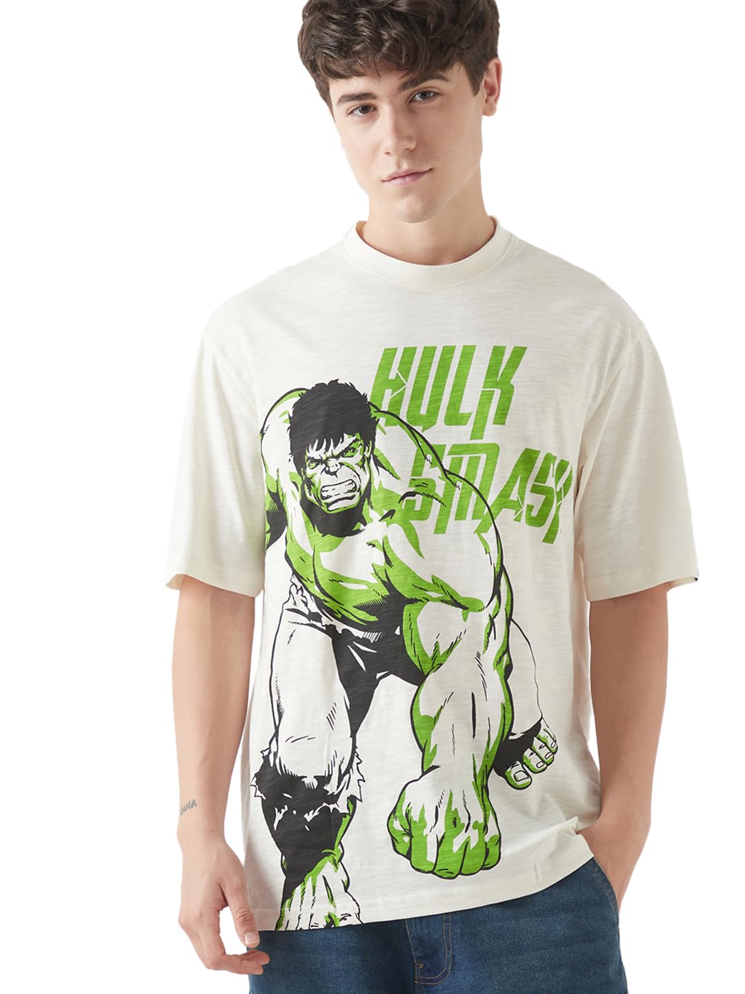 bewakoof Air 1.0 Official Marvel Merchandise Hulk Men's 100% Cotton Graphic Print Oversized Fit Round Neck T-Shirt-picture-16