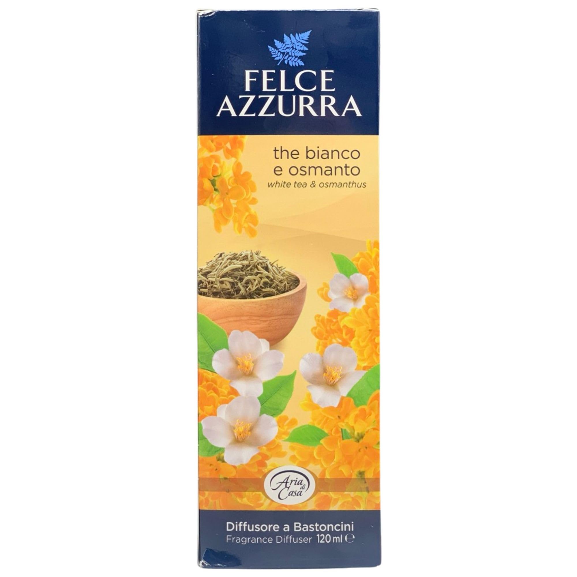 Felce Azzurra Diffusore Ambiente a Bastoncini, Fragranza THE BIANCO E OSMANTO, Formato 120ml + Ricambio 10 Bastoncini Per Diffusori Neri (6 Unità + Bastoncini)