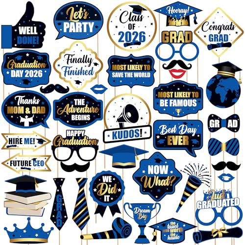 KatchOn Graduation Photo Props 2026 - Pack of 40 | Blue and Black Grad Party Decorations | Grad Photo Props 2026 | 2026 Graduation Decorations