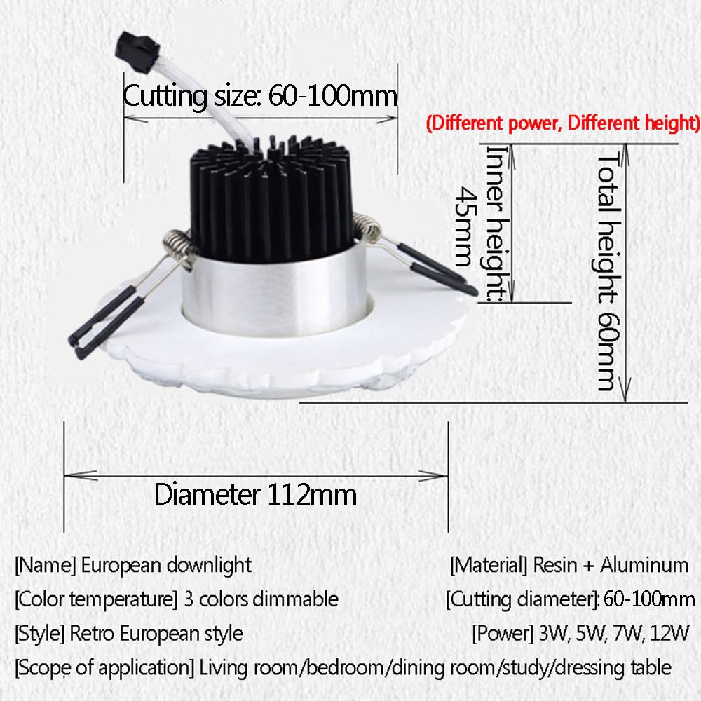 Paquete de 12 focos LED empotrables Blancos Regulables con embellecedor difusor, Ajustables a 3000K/4000K/6000K, luminaria de Techo de Estilo Europeo para Salas de Estar, coci,White-7W
