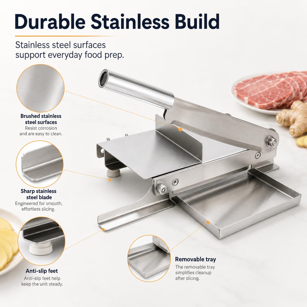 Cortador de carne con grosor ajustable y palanca de 35 cm, diseño compacto con bandeja de recogida para una preparación eficiente de alimentos