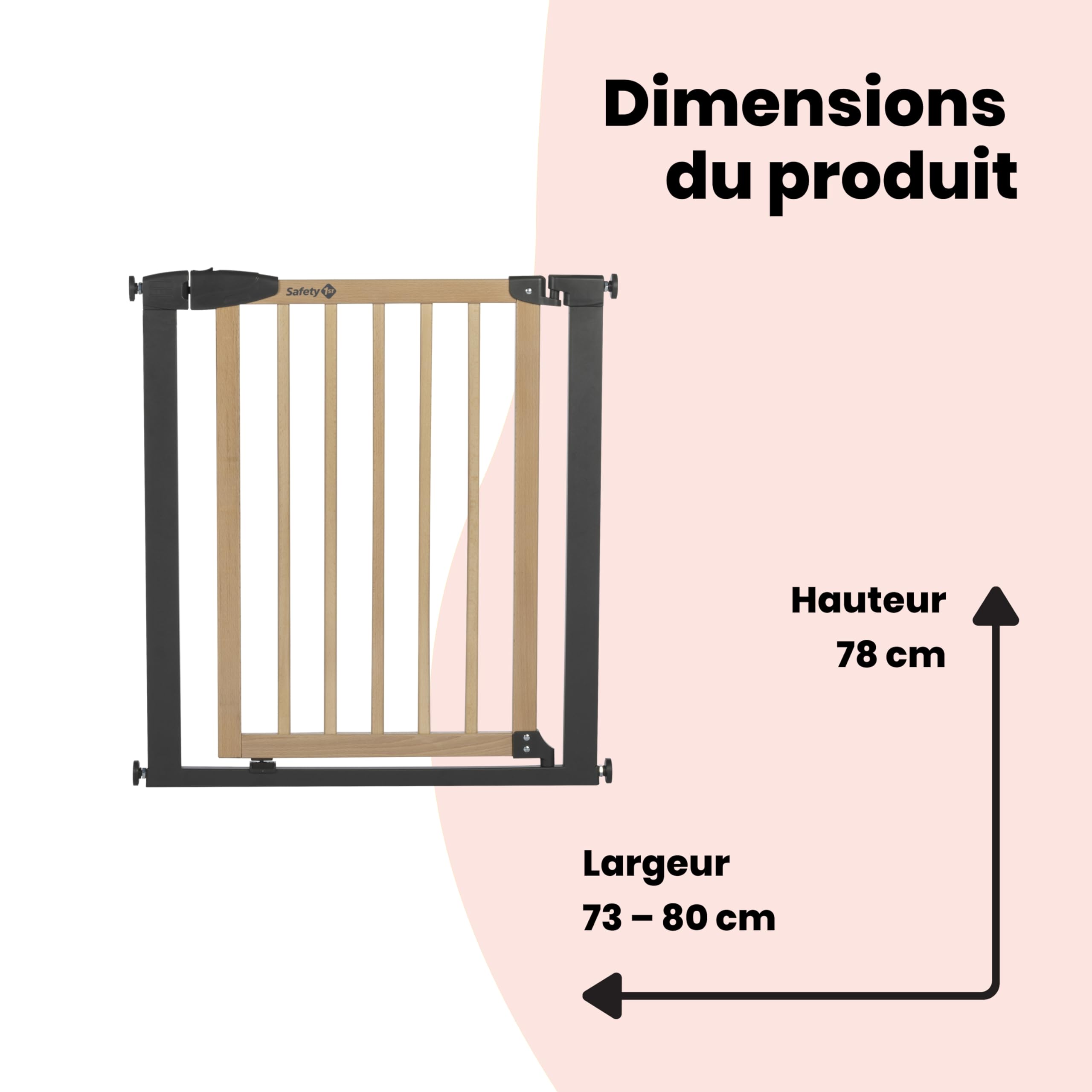 Safety 1st Simply Close Barrière de sécurité Enfant Bois, à Pression, 73-80 cm (Max. 94cm), sans vis ni perçage, Ouverture d'une Main, Double Verrouillage, barrière escalier Enfant, Bois et Graphite