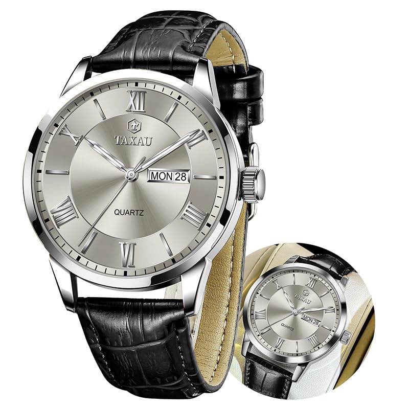 Taxau Klassische Lederuhren für Männer Analog Quartz Big Dial Luxus Armbanduhren Wasserdicht Luminous Day Date Reloj para Hombre