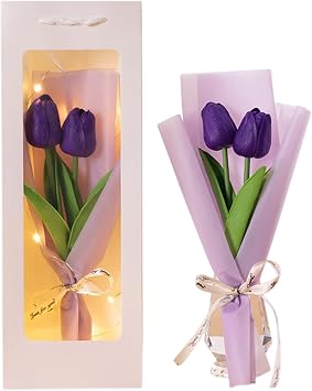 Artificial Tulips with Stems 14 Inch PVC Preserved Tulips Bouquet Gift Box Lighted Eternal Faux Bouquet of Floral for Spring Home Kitchen Wedding Mothers Anniversary Birthday Purple