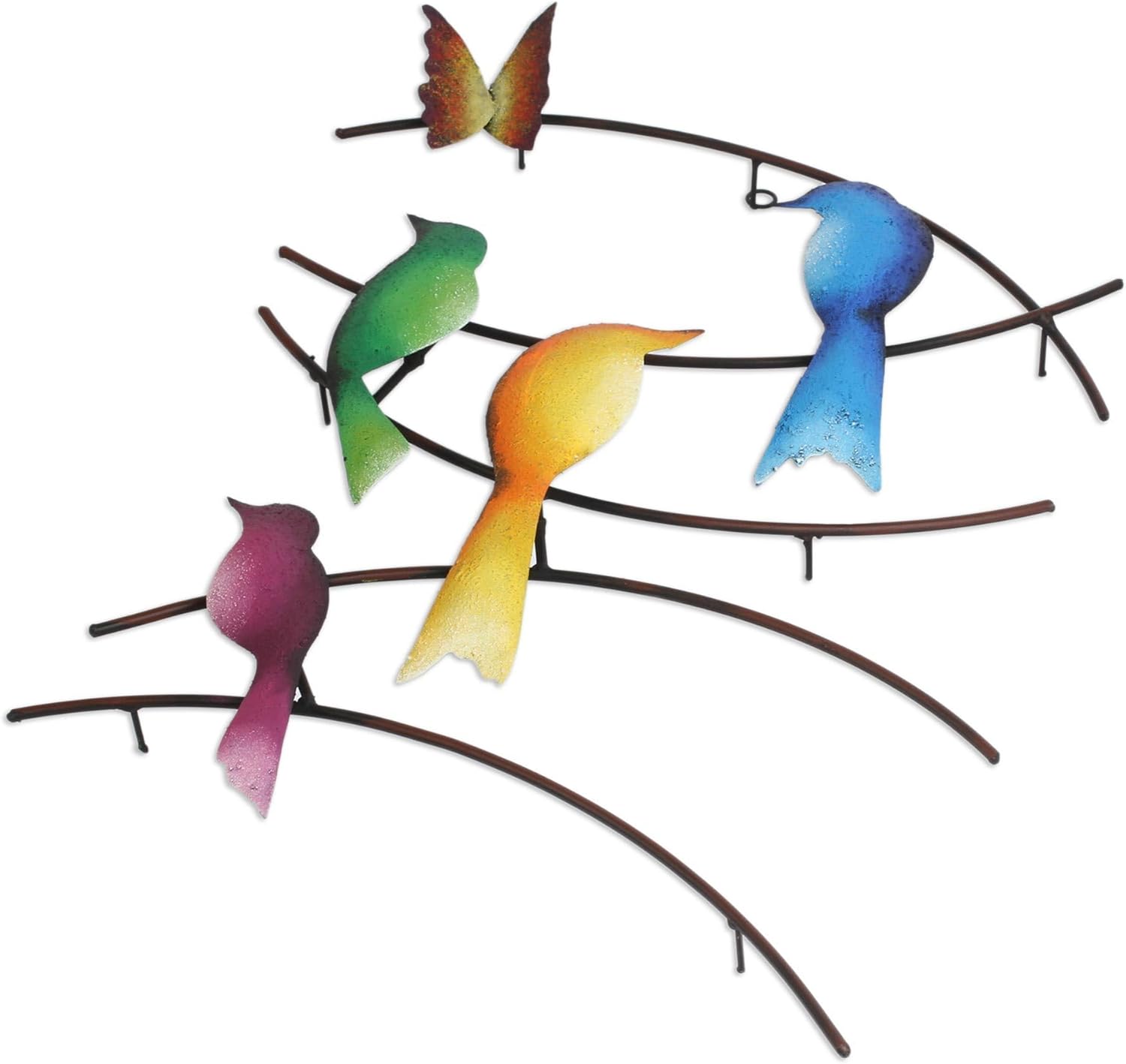 NOVICA Artisan Handmade Steel Wall Sculpture of Birds Butterfly from Mexico Multicolor Steelmetal Decor Art Animal Themed Nature Birdbutterfly [28in H x 20.75in W x 3.1in D] ' Friends of Summer'