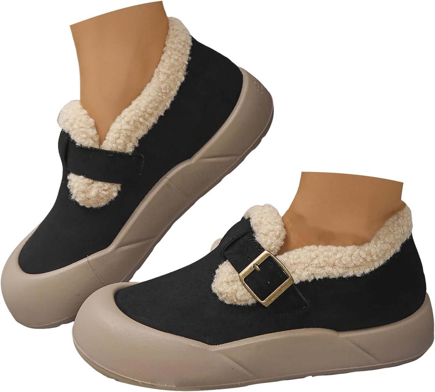 Winter Boots for Women Outdoor Warm Cold Weather Anti-Slip Suede Booties Platform Fuzzy Lined Slip On Snow Shoes Womens Casual Plush Buckle Strap Round Toe Comfortable Walking Loafers