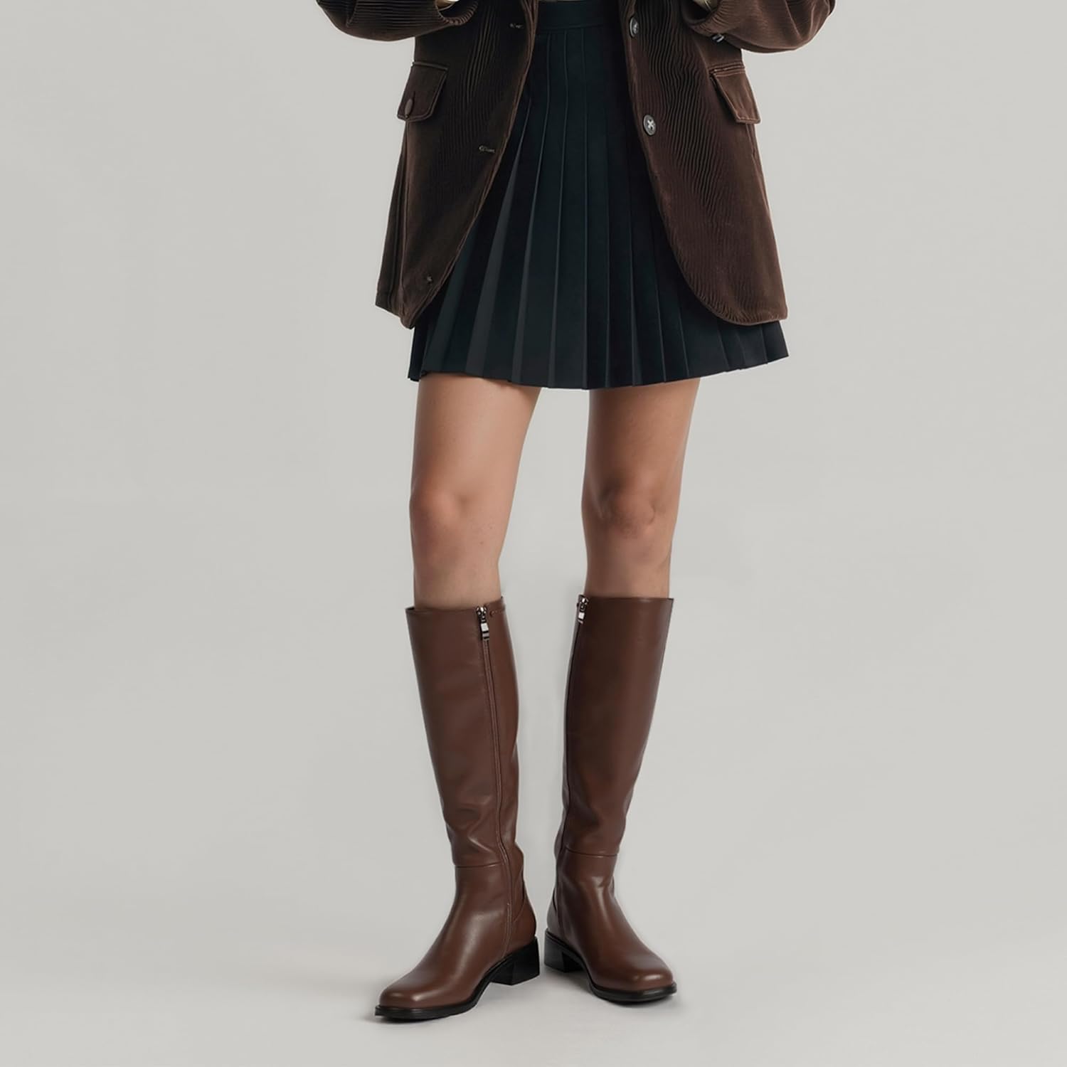 QIY Knee High Boots for Women Chunky Heel Brown Stretch Tall Boots for Women Fall Calf High Heeled Long Leather Square Toe Boot Low Heel Size 7 - Image 6