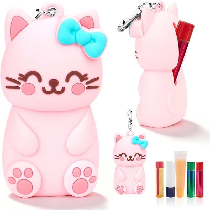Porta-bálsamo labial com chaveiro BrainKer, design de gato em silicone, modelo BKKHTA7