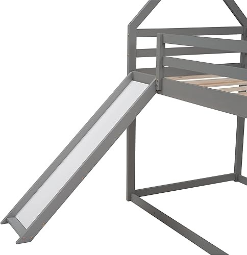 Miniatura 46 de P PURLOVE Litera de casa individual sobre individual con tobogán para niños, adolescentes, litera de madera tamaño individual con techo para sala de