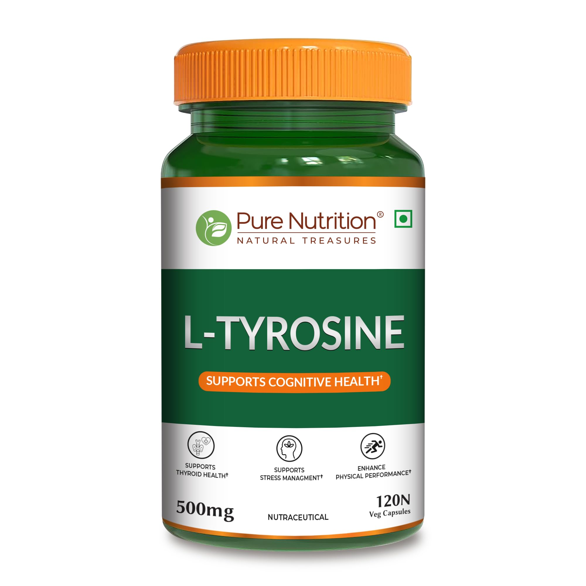 Pure Nutrition L Tyrosine (500mg), 120 Veg Capsules | Supports Cognitive Health, Memory, Focus & Brain Function | Reduces Stress & Fatigue | Promotes Thyroid Health