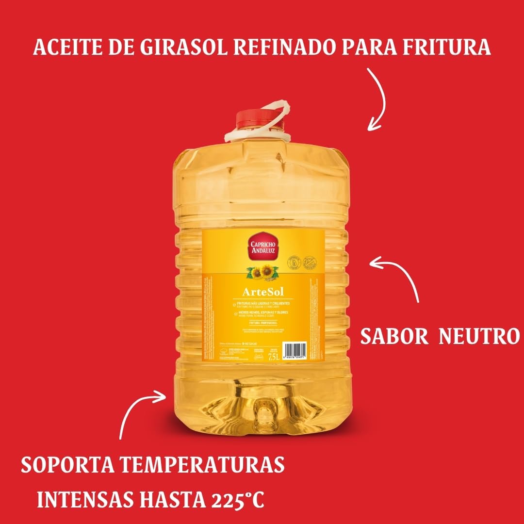 Capricho Andaluz - Aceite de Girasol Refinado Artesol PET 7,5L, Especial para Freír, Alta Resistencia al Calor, Fritura Limpia y Ligera sin Sabores