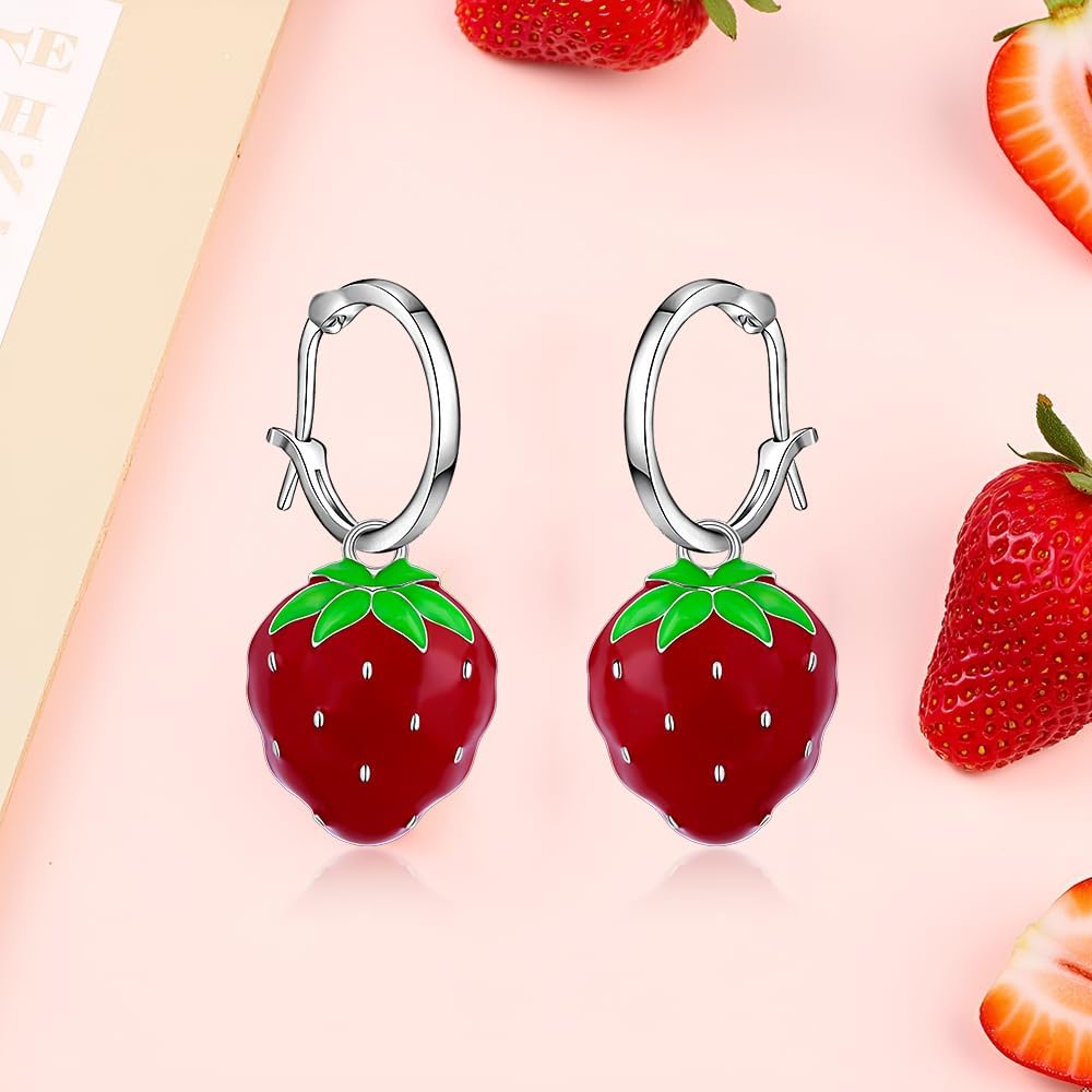 Strawberry Earrings Red for Women 925 Sterling Silver Simulated Fruit 3D Dangle Drop Cute Earrings Aesthetic Weird Hypoallergenic for Women Ears - Image 7