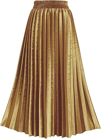 TONCHENGSD Womens Fall Winter Velvet Midi Skirt High Elastic Waist Pleated Skirt