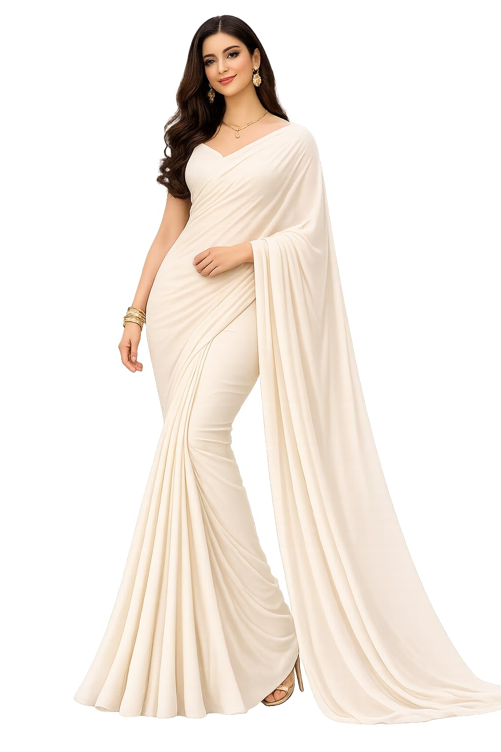 Georgette Saree Plain Cream Saree Women's White Sari With Blouse Bollywood Saree-picture-29
