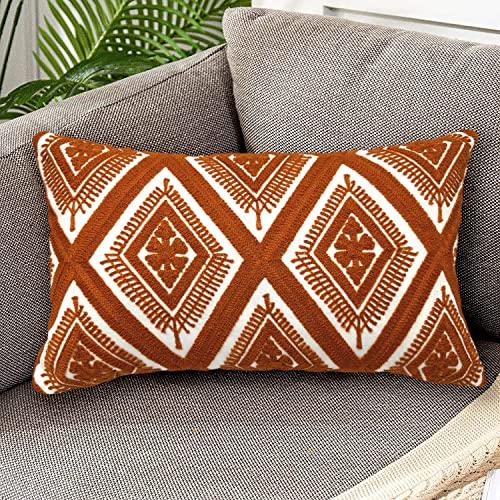 Alysheer Embroidered Lumbar Decorative Throw Pillow Cover 12"X 20", Classic Boho Geometric Embroidery Pattern Cotton Rectangular Cushion Case For Sofa Couch Living Room Bedroom(Burnt Orange) #TOP1
