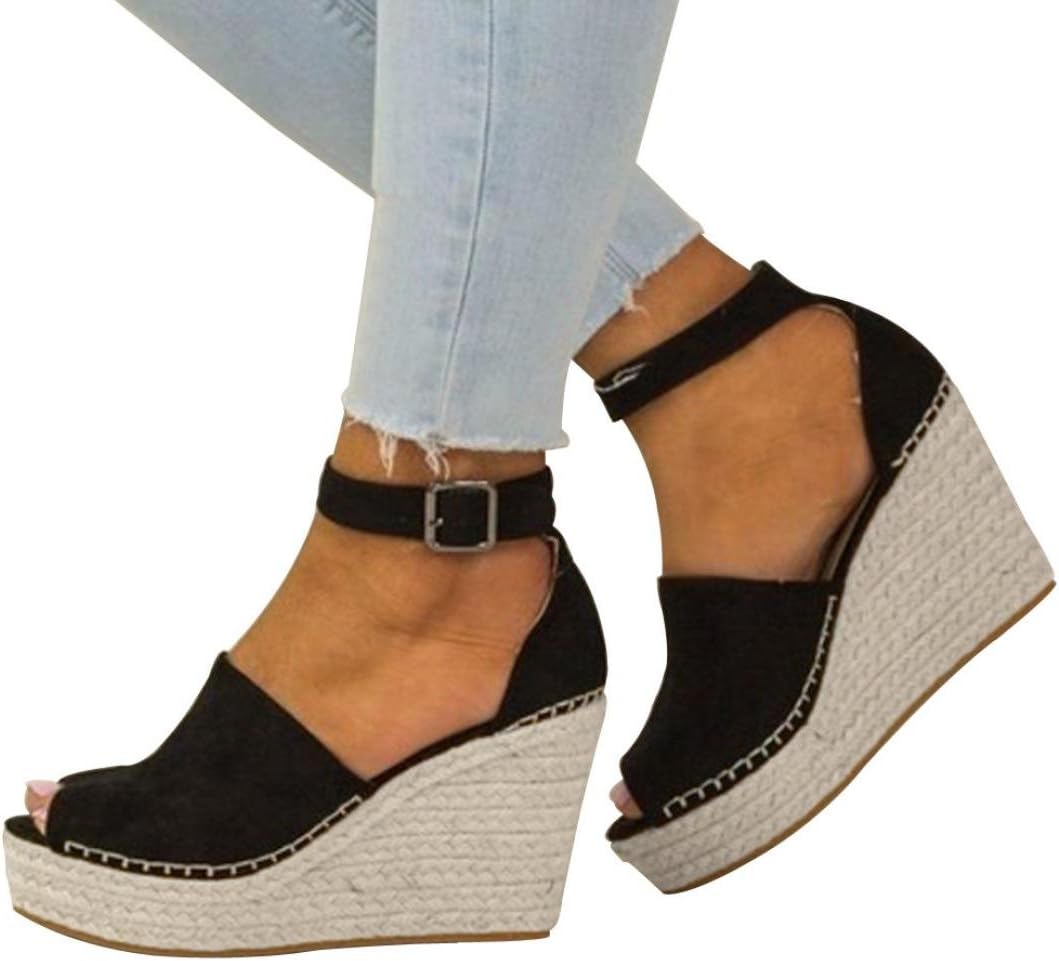 Amiley Women Sandals Summer,Women Fashion Dull Polish Sewing Peep Toe Wedges Hasp Sandals Flatform Shoes