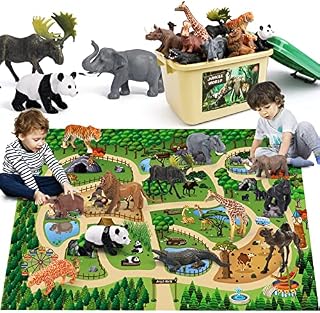 FRUSE Safari Animals Figures Toys w/ 145x98cm Jumbo Play Mat,12PCS Realistic Jungle Wild Zoo Animals Figurines Playset with Panda,Lion,Elephant,Educational Learning Toys Gifts for Toddlers Kids