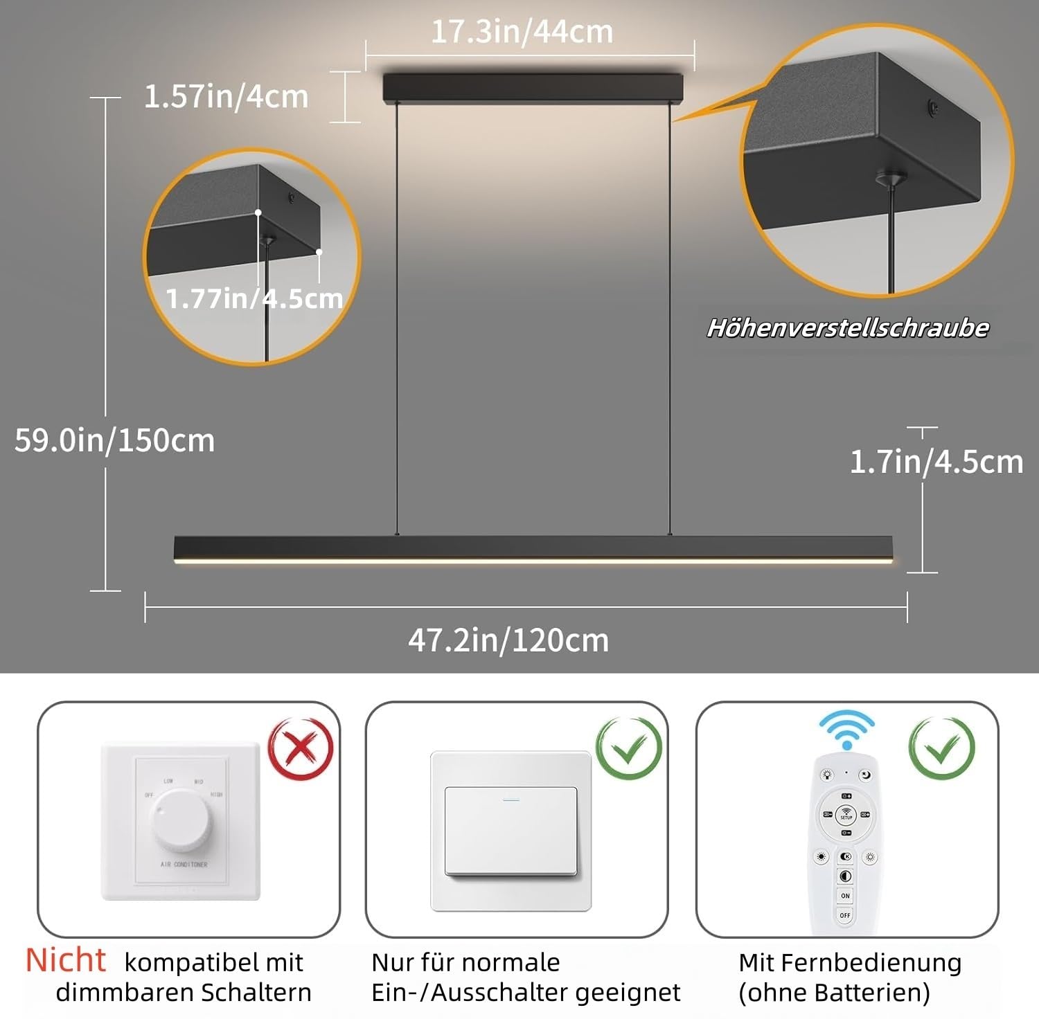 Moderne LED Esstisch Pendelleuchte, 3000K/4000K/6000K 10%–100% Farbtemperatur Linear Lampe Hängend, Dimmbar mit Fernbedienung Hängelampe für Küche, Wohnzimmer, Esszimmer, Schlafzimmer- Schwarz 120CM