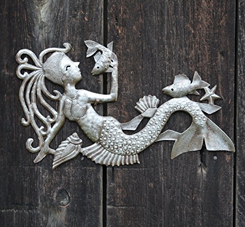 Nautical Wall Decor, Mermaid Talking With Fish, Decorative Seal Life Plaques, Indoor Outdoor, Handmade 17 X 10 Inches #TOP2