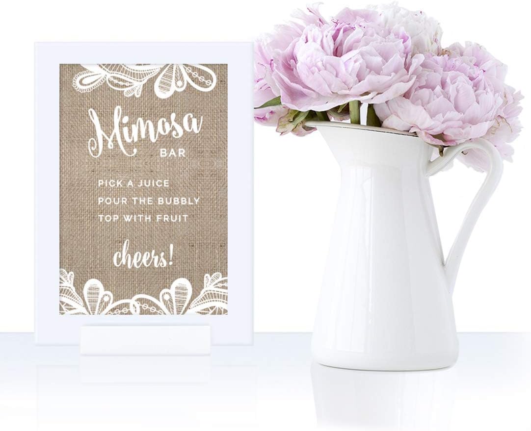 Andaz Press Burlap Lace Print Wedding Collection, Framed, Build Your Own Mimosa Sign Pick a Juice, Pour The Bubbly Champagne, Top with Fruit Cheers! Dessert Table Sign, 4x6-inch, 1-Pack