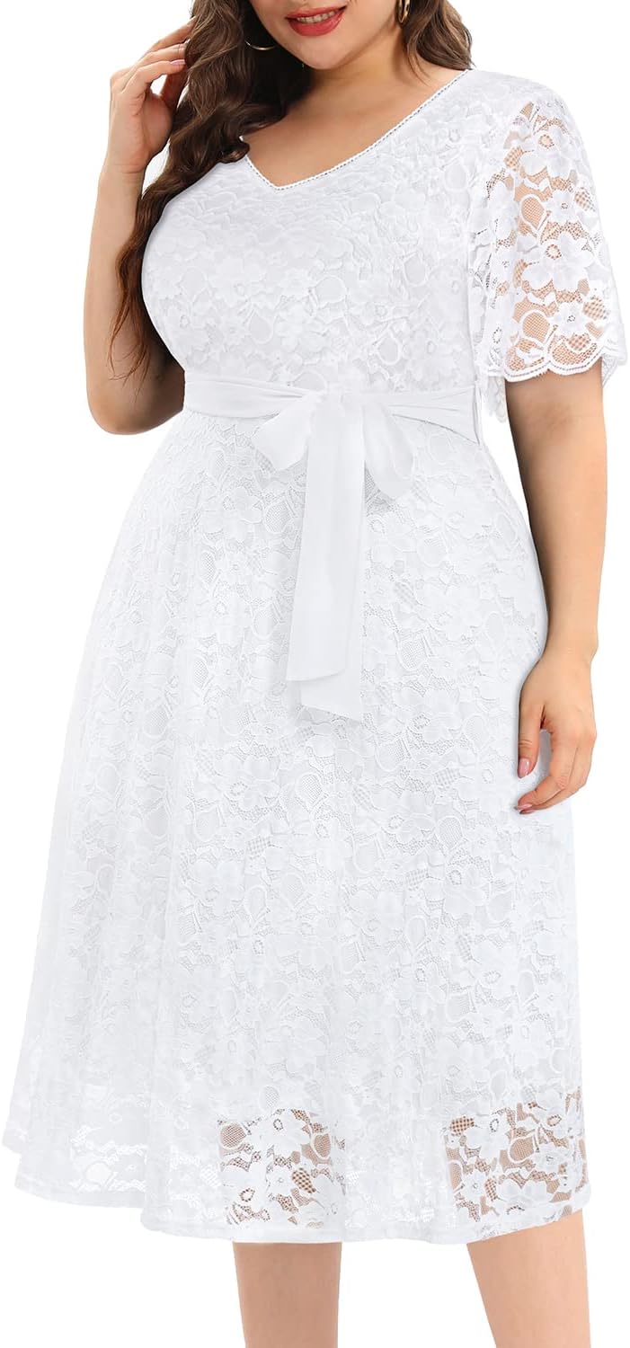Women Plus Size Lace Bridal Shower Wedding Guest Cocktail Semi Formal V Neck Short Sleeve Midi Dresses - Image 3