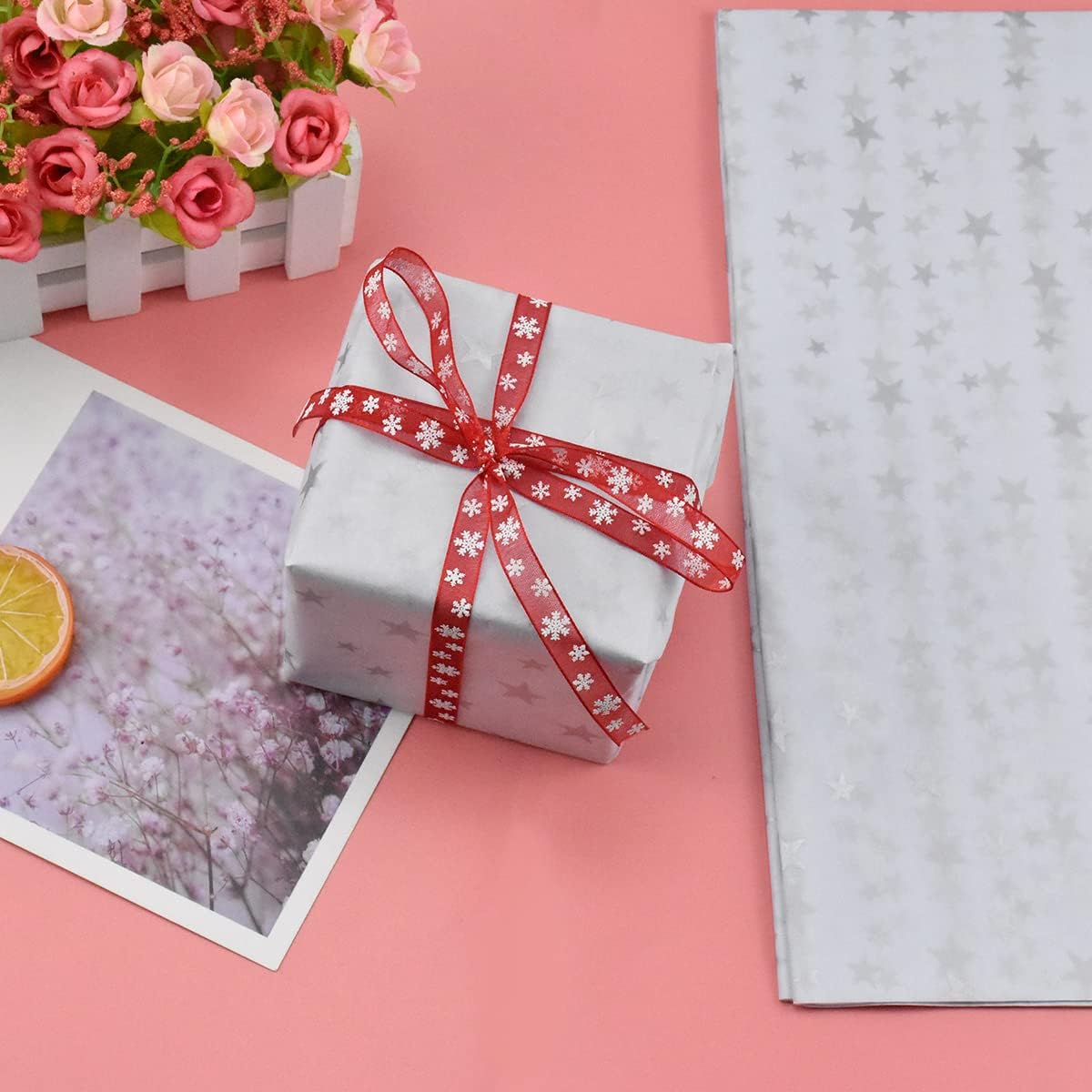 60 Sheets Silver Tissue Paper 50x70cm, for Gift Wrapping, Metallic Wrapping Paper with Star Stripes Dots, for DIY Crafts, Birthday, Wedding, Thanksgiving