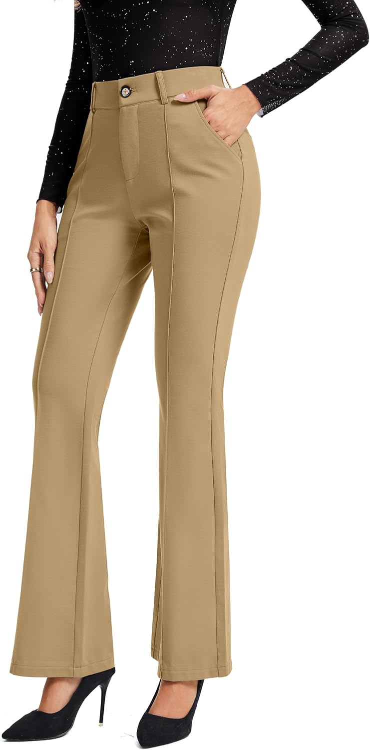 FUNYYZO Dress Work Pants Women's Stretchy Bootcut Leg Button Slacks Trousers with Pockets Casual Outfits