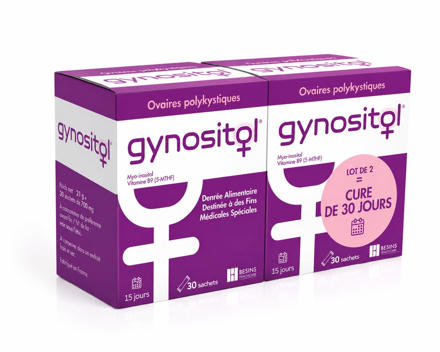 Gynositol Myo-Inositol et Vitamine B9 (5-MTHF), Lot de 2 Boîtes | 30 Sachets par Boîte