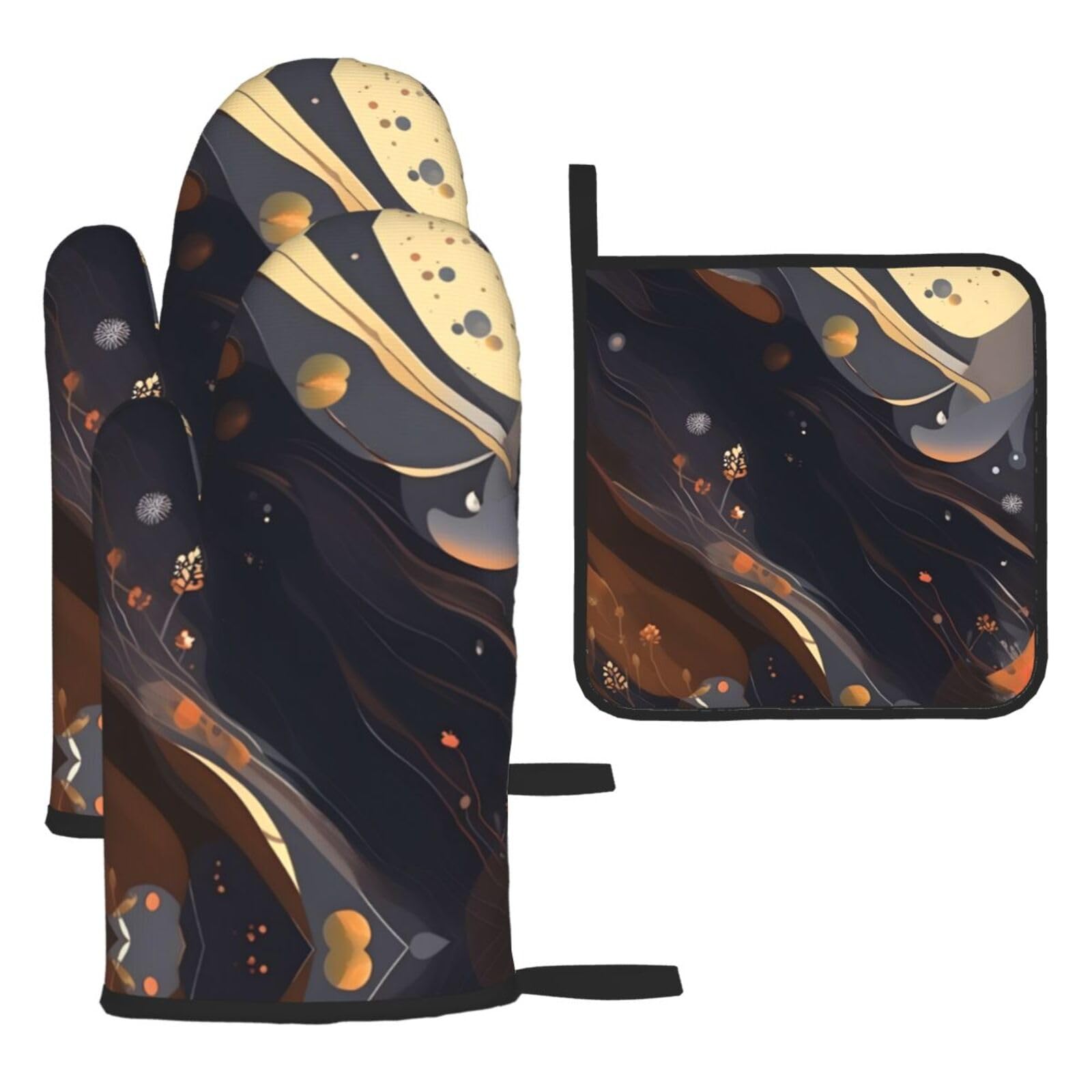 Dark Medium Oven mittens and oven mitts three-piece set suitable for oven, grilling, baking, microwave and home cooking.