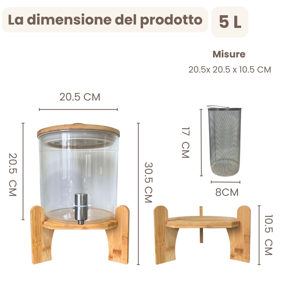Dispenser di bevande in vetro con rubinetto, pietre terapeutiche, coperchio e supporto in legno di bambù, incluso filtro per miscelazione interna, 5 litri