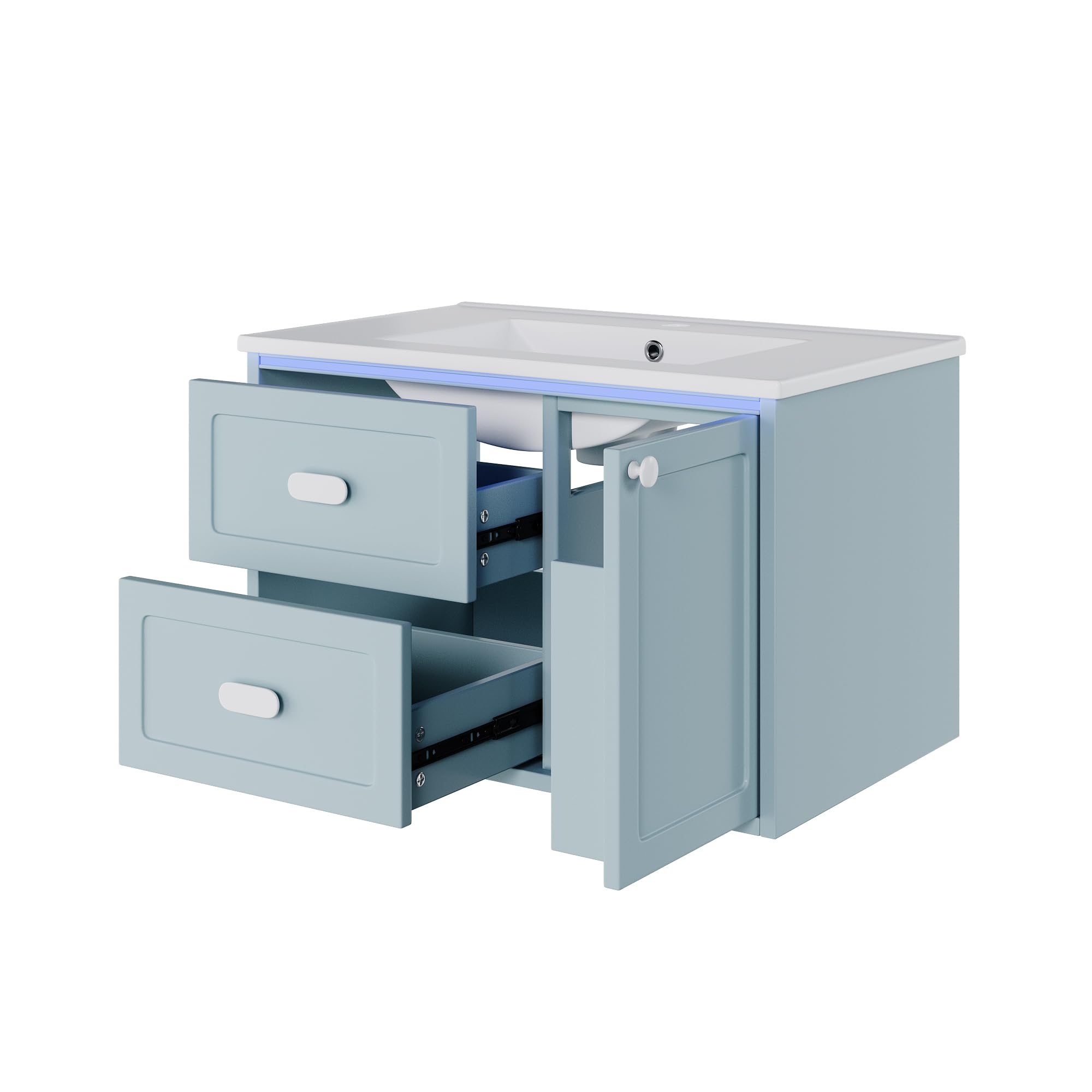 SACOOL 76 x 46 x 51 cm, armadietto sospeso da bagno, completamente laccato, illuminazione a LED con sensore radar, due cassetti, guide scorrevoli silenziose, lavabo integrato, blu