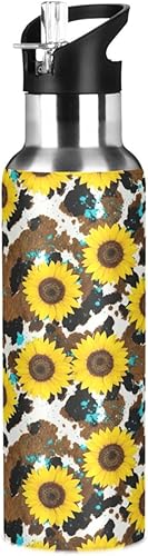 Yellow Sunflowers Rustic Cow Print Stainless Steel Water Bottle 20 Oz Leakproof Water Bottles, BPA-Free Sport Water Bottle Insulated