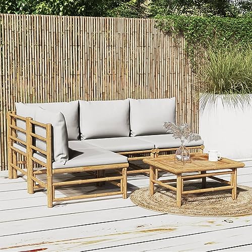 Blukee Muebles de Jardín 5 Piezas, Sofa Jardin Exterior de Bambú, Muebles Jardin Exterior Resistentes a Rayos UV, Muebles de Terraza Bambú, Conjunto Jardín con Cojines Gris Claro