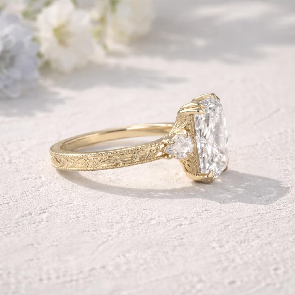 Radiant Cut Moissanite Engagement Ring 18K Yellow Gold Vintage Engraved Diamond Ring Antique Style Wedding Jewelry Gift For Women