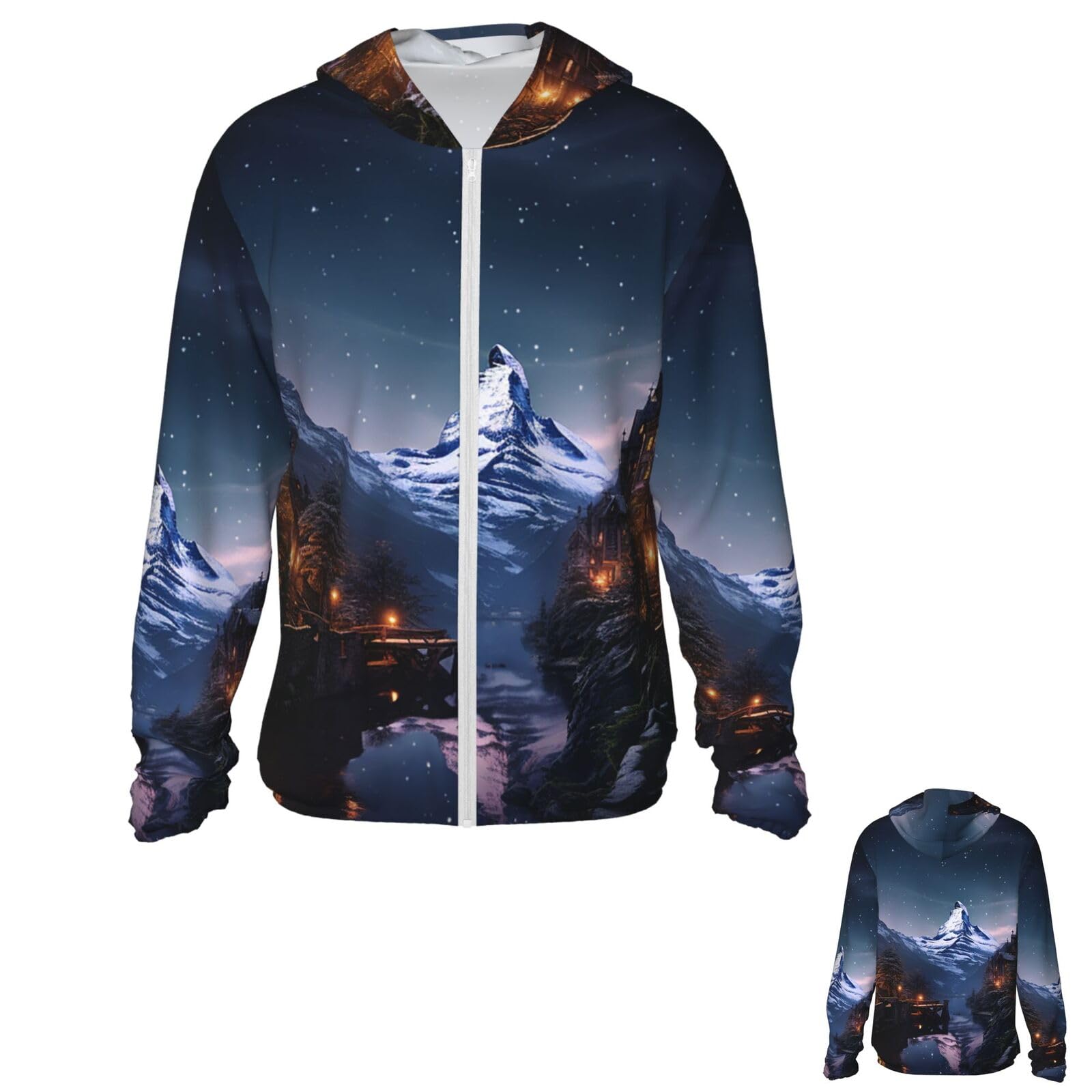 NONHAI Men's Sun Protection Jacket UPF 50+ Full Zipper Long Sleeve UV Hoodie Shirt Night View Women's Outdoor Jacket Black