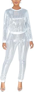 EOSIEDUR Womens 2 Piece Outfits & Sexy Silver Glitter Sequins & Metallic Shiny Top and Pants Set