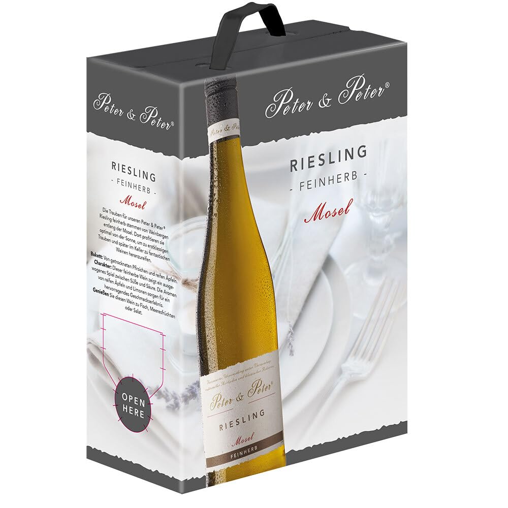 Peter & Peter Riesling QbA, feinherb, 2022, 12 Liter sortenreines Weinpaket (4 x 3 Liter Bag-in-Box) + VINOX Wine Cards
