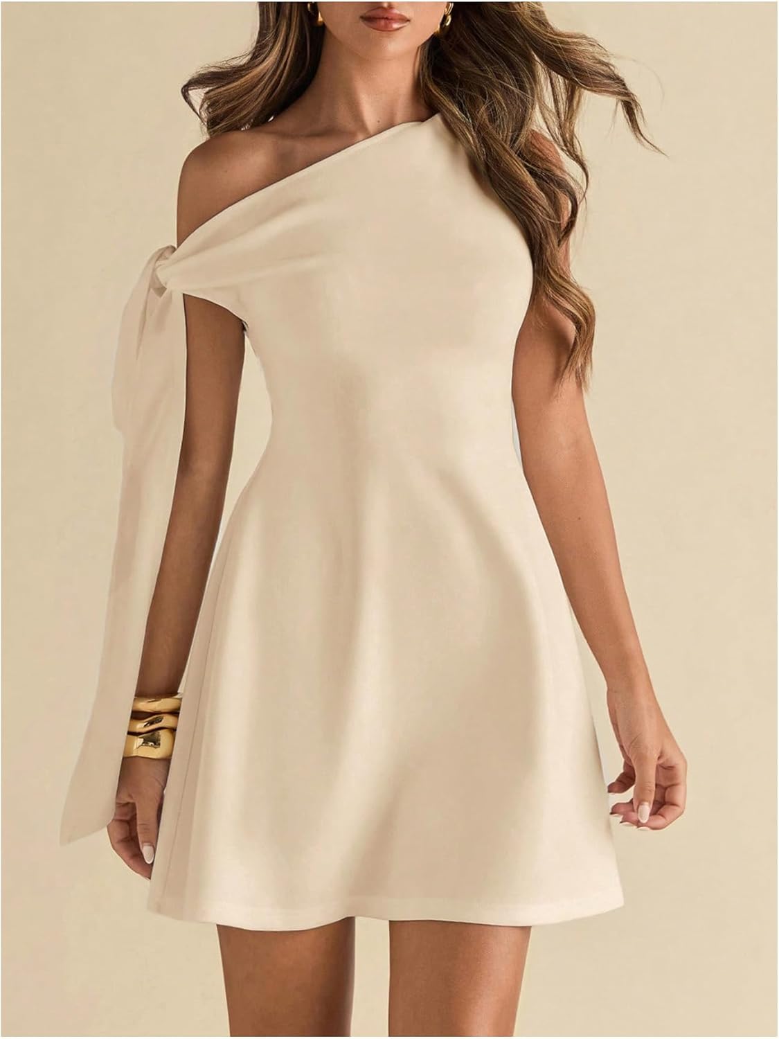 Floerns Women's Elegant Off The Shoulder Mini Dress Tie Side Sleeveless Formal A Line Dresses Apricot X-Small - Image 3