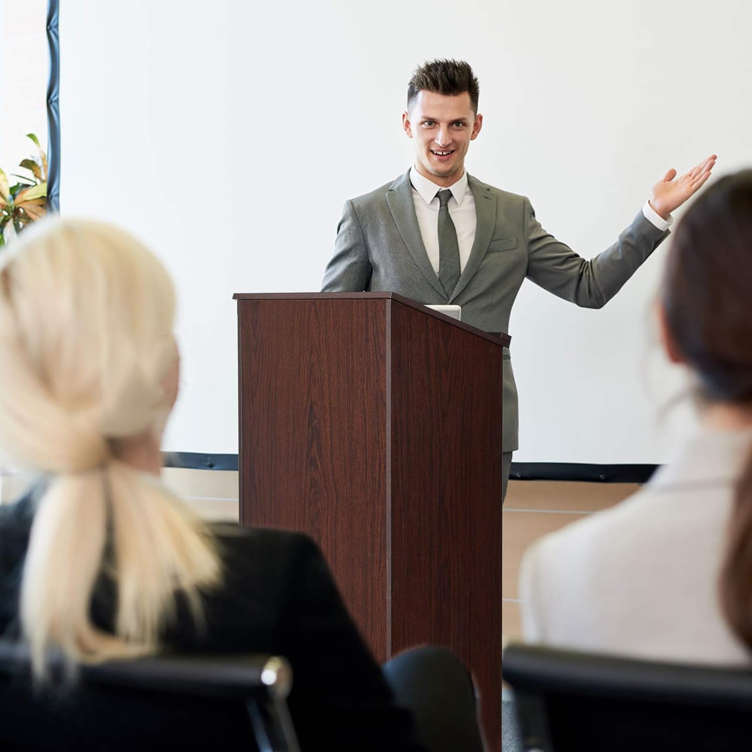 Tangkula Floor Standing Podium, Wooden Speaking Lectern with Adjustable Shelf, Large Storage Area and Pen/Pencil Tray, Ideal for Conference, Auditorium, Classroom (Brown) : Office Products