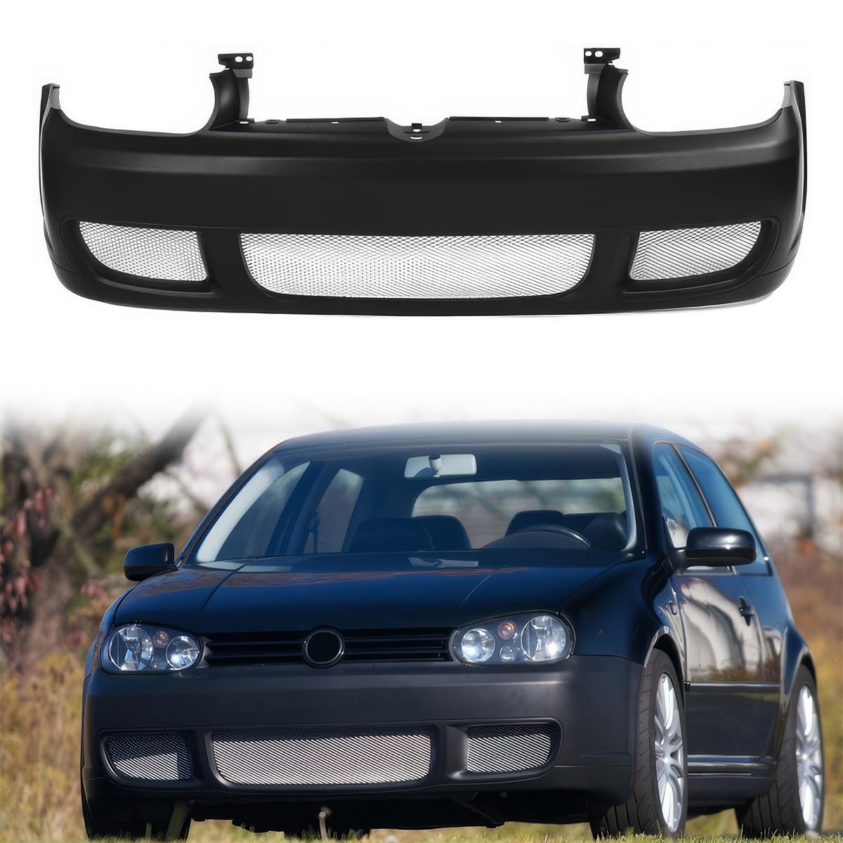 Front Bumper Cover Kit Compatible with 1999-2005 Volkswagen Golf MK4, Unpainted Black R32 Style Bumper Conversion Exterior Body Kit Replacement