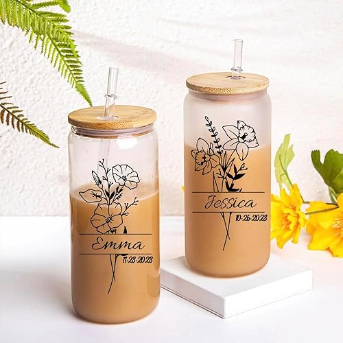 Miniatura 3 de Vaso personalizado con nombre, regalo para ella, vaso delgado de 20 onzas, vaso de vidrio personalizado con nombre floral, vaso de dama de honor,