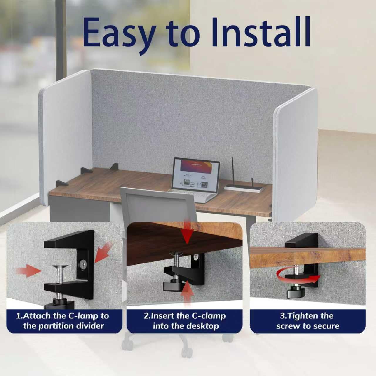 Desk Privacy Panel 24 x 24 Inch, Sound Absorbing & Proof Desk Divider for Office, Clamp-on/Screw-on Acoustic Desk Back Panel Partition, Gray
