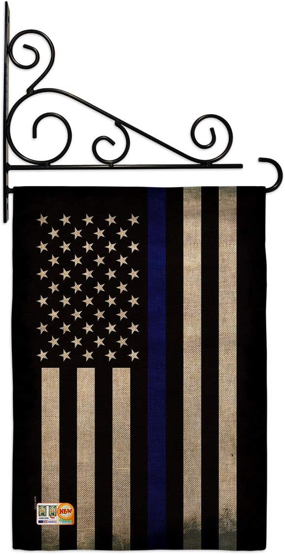 USA Thin Blue Line Garden Flag Set Wall Holder First Responders Police Cop Law Enforcement Sheriff Officer Support Small Decorative Gift Yard House Banner Double-Sided Made In 13 X 18.5