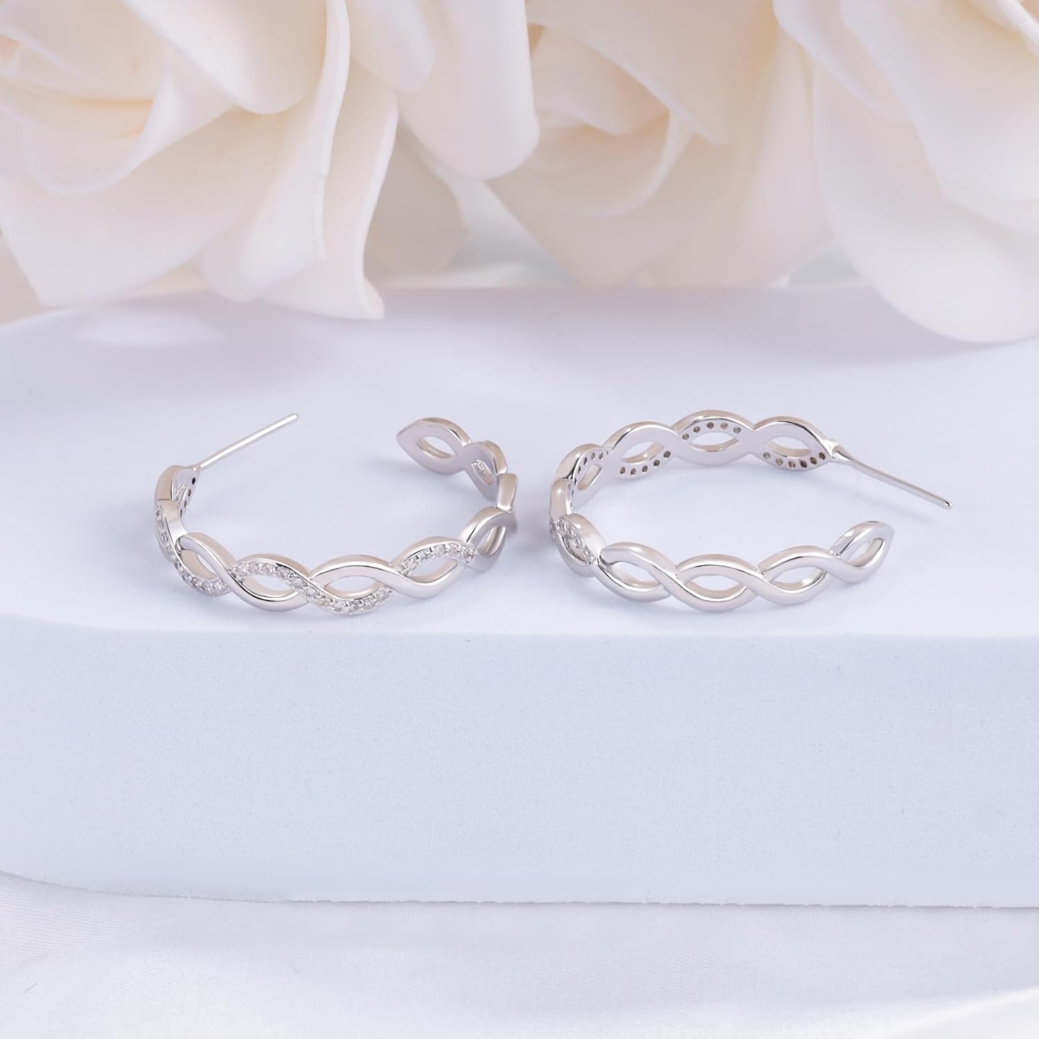 Sterling Silver Twisted Open Hoop Earrings for Women Trendy Hypoallergenic Lightweight Cubic Zirconia Twist Half Hoop Earrings - Image 4