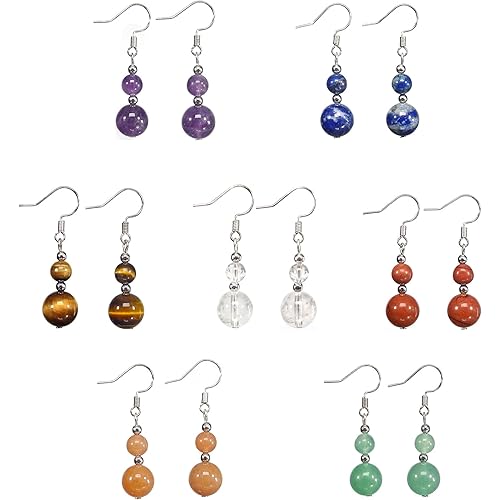 Genuine Stone Earrings 7 Pairs Beaded Dangle Earrings Chakra Earrings Healing Crystal Earrings Lightweight Colorful Gemstone Earrings Jewelry Gifts for Women