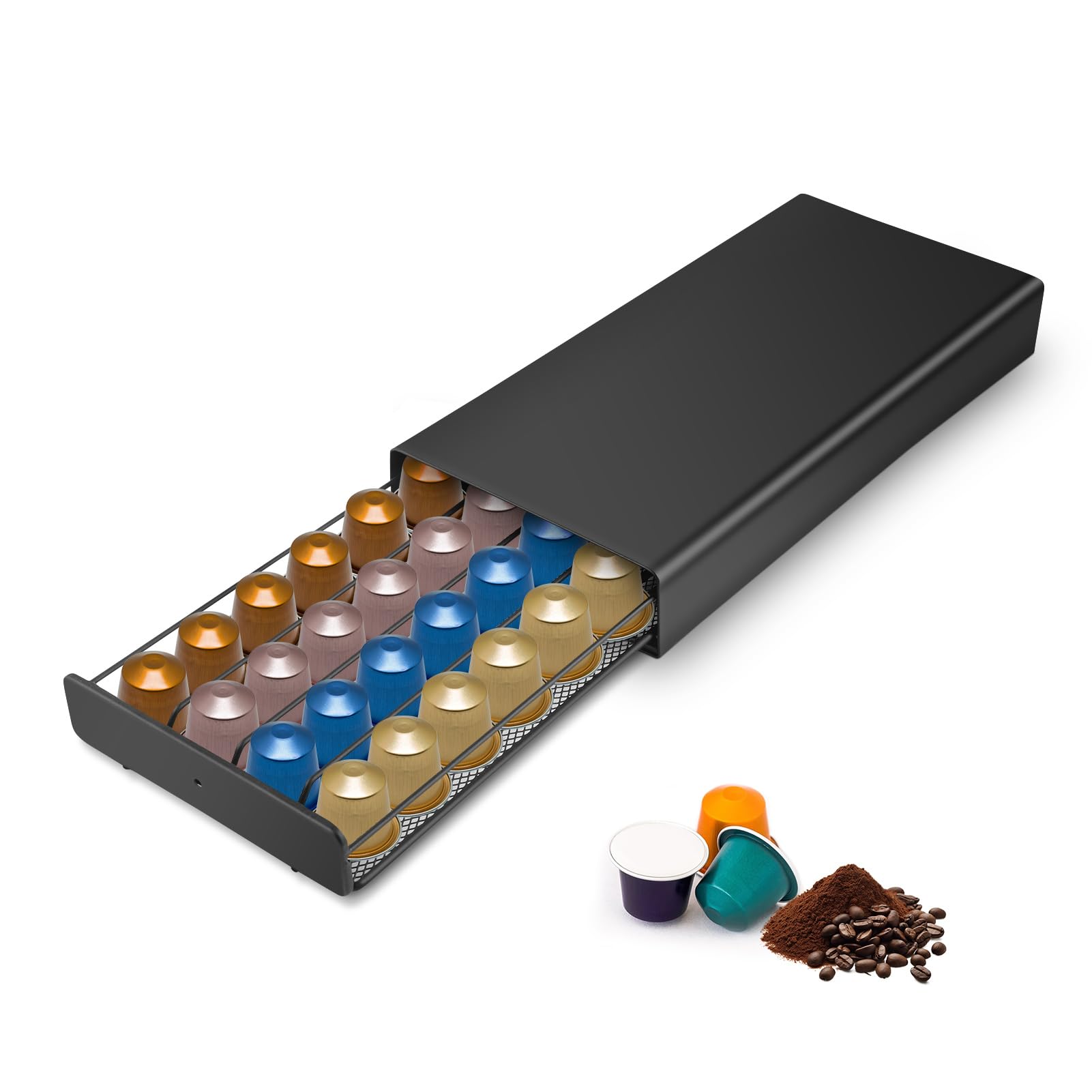 Soporte para cápsulas de café, cajón para guardar 40 cápsulas de café, dispensador de cápsulas de café de metal, con superficie antideslizante, color negro, 37,5 x 17,5 x 5,3 cm, 1160 g