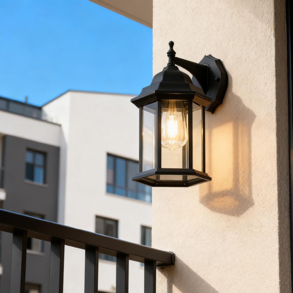 XINYASEE Black Outdoor Wall Lantern Light Fixture with Clear Glass Shade, Waterproof Exterior Porch Wall Sconce for Front Door, Patio, Garden, Cottage-Style Outdoor Lighting (BD-25)